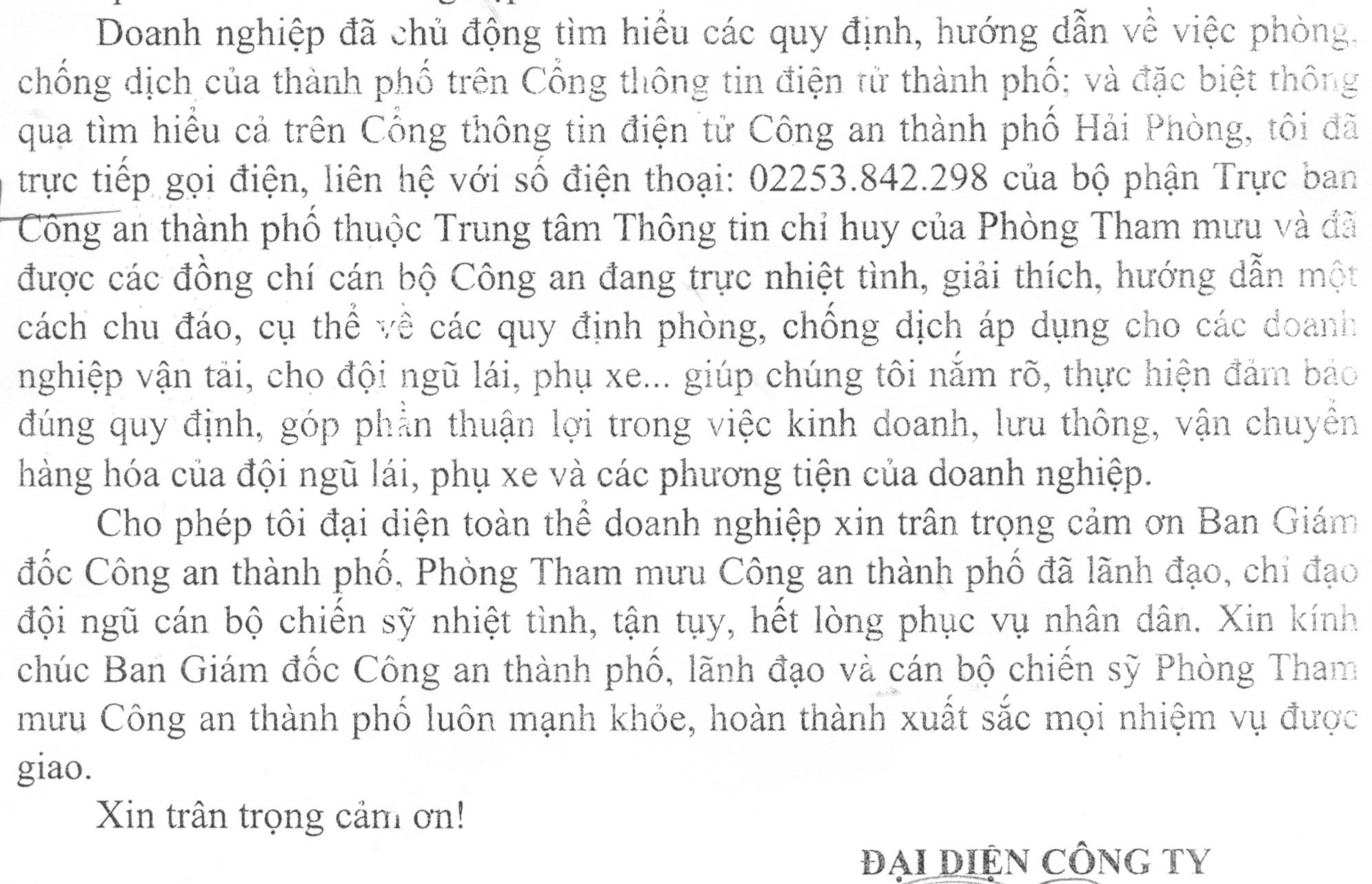 Giám đốc Công ty TNHH Phát triển Thương mại và Vận tải Kiên Cường gửi thư cảm ơn
